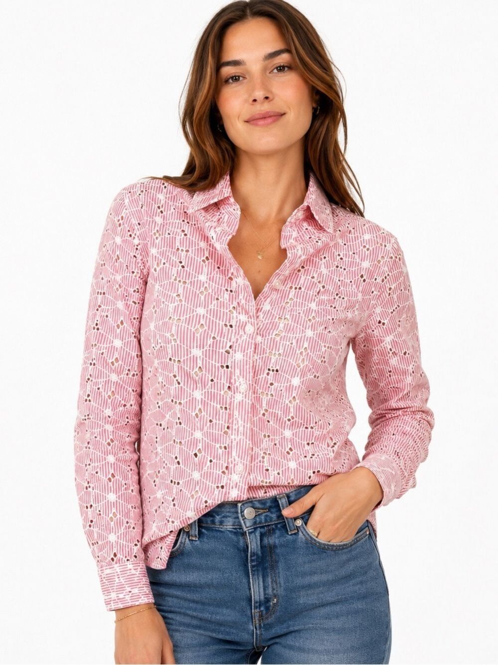 Vintage Tabi Pink Striped Button Up Blouse Eyelet Embroidered Oxford Shirt XS